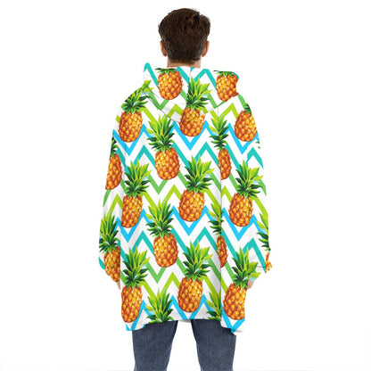 Teal Zig Zag Pineapple Pattern Print Hoodie Blanket