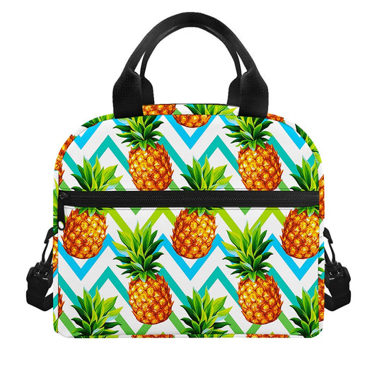 Teal Zig Zag Pineapple Pattern Print Insulated Lunch Bag