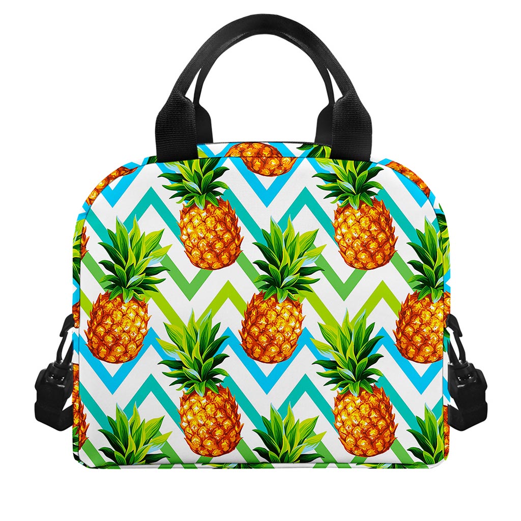 Teal Zig Zag Pineapple Pattern Print Insulated Lunch Bag