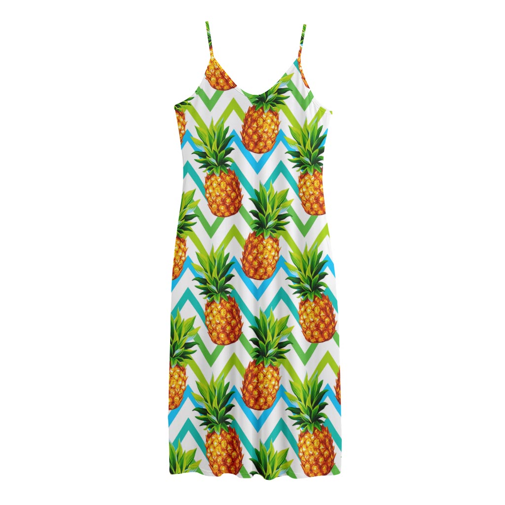 Teal Zig Zag Pineapple Pattern Print Jersey Midi Cami Dress