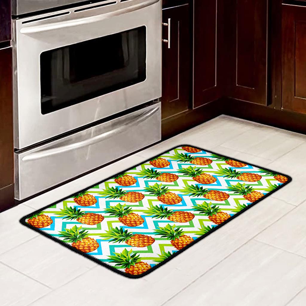 Teal Zig Zag Pineapple Pattern Print Kitchen Mat
