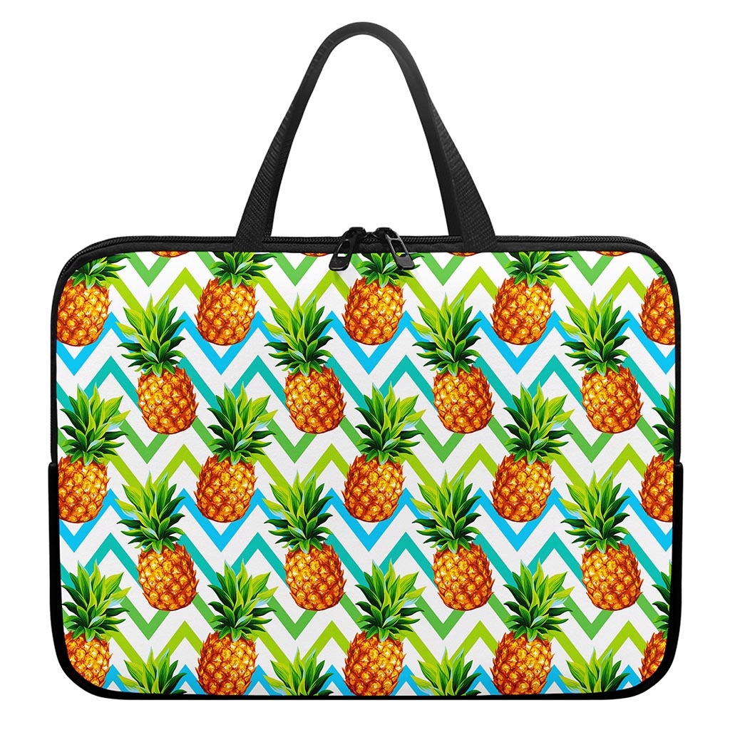 Teal Zig Zag Pineapple Pattern Print Laptop Sleeve With Handle