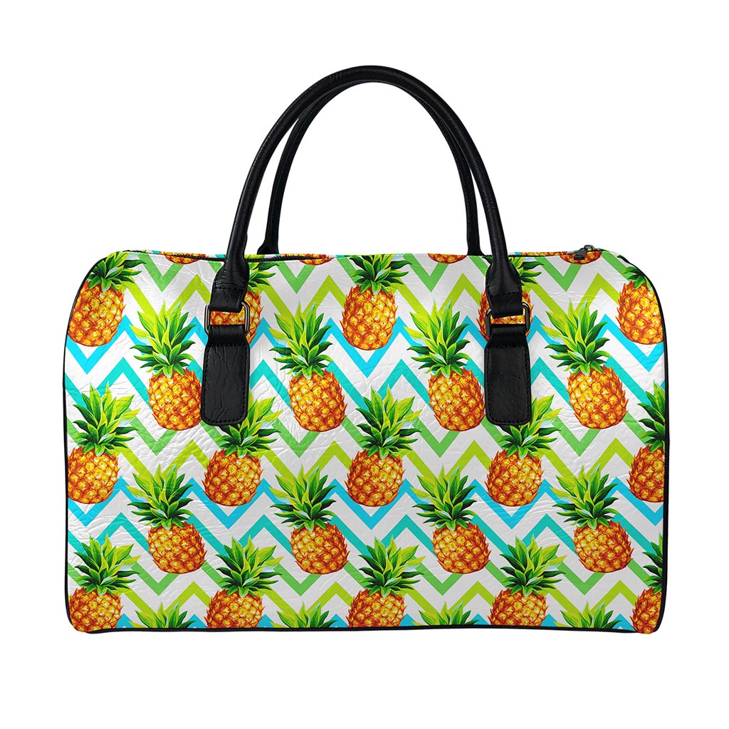Teal Zig Zag Pineapple Pattern Print Leather Duffle Bag
