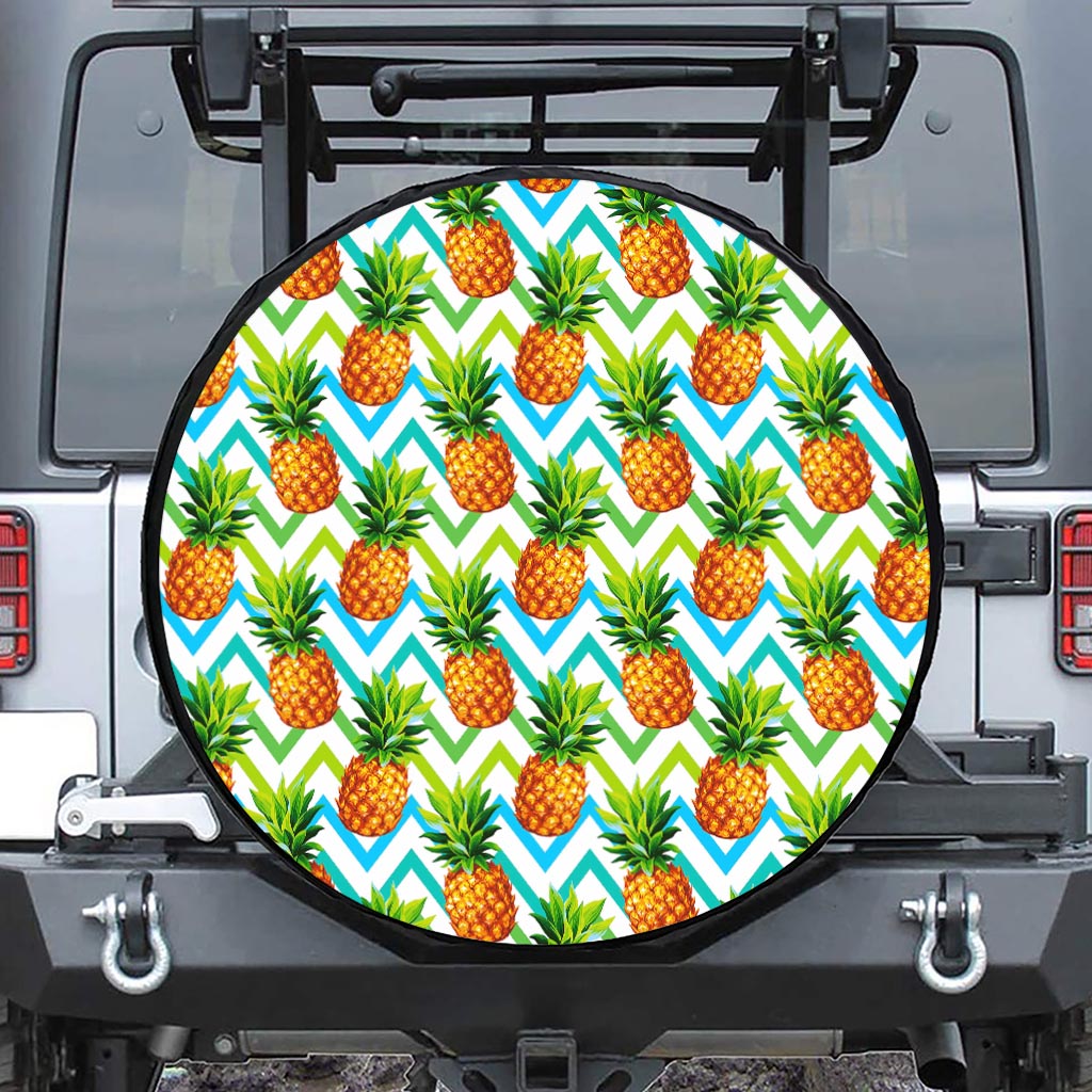 Teal Zig Zag Pineapple Pattern Print Leather Spare Tire Cover