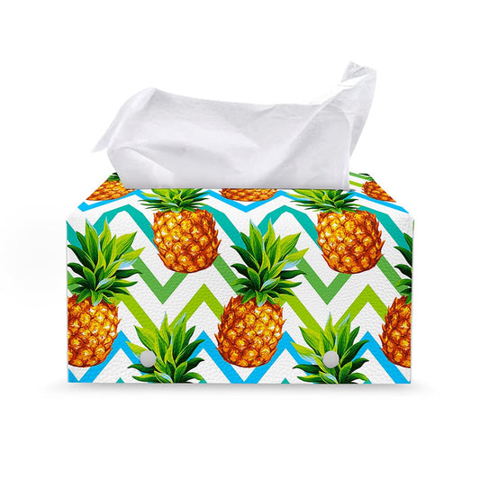 Teal Zig Zag Pineapple Pattern Print Leather Tissue Box Cover