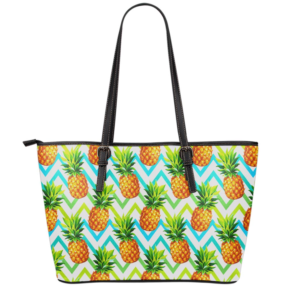 Teal Zig Zag Pineapple Pattern Print Leather Tote Bag