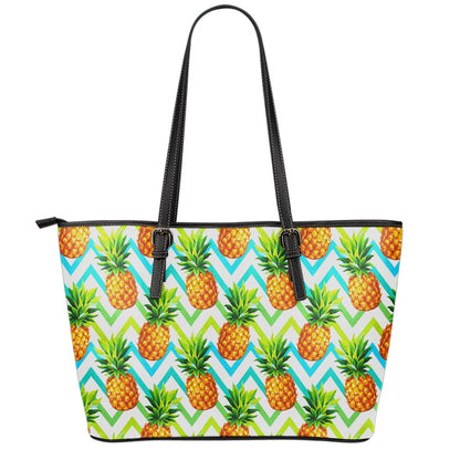 Teal Zig Zag Pineapple Pattern Print Leather Tote Bag
