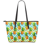 Teal Zig Zag Pineapple Pattern Print Leather Tote Bag