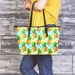 Teal Zig Zag Pineapple Pattern Print Leather Tote Bag