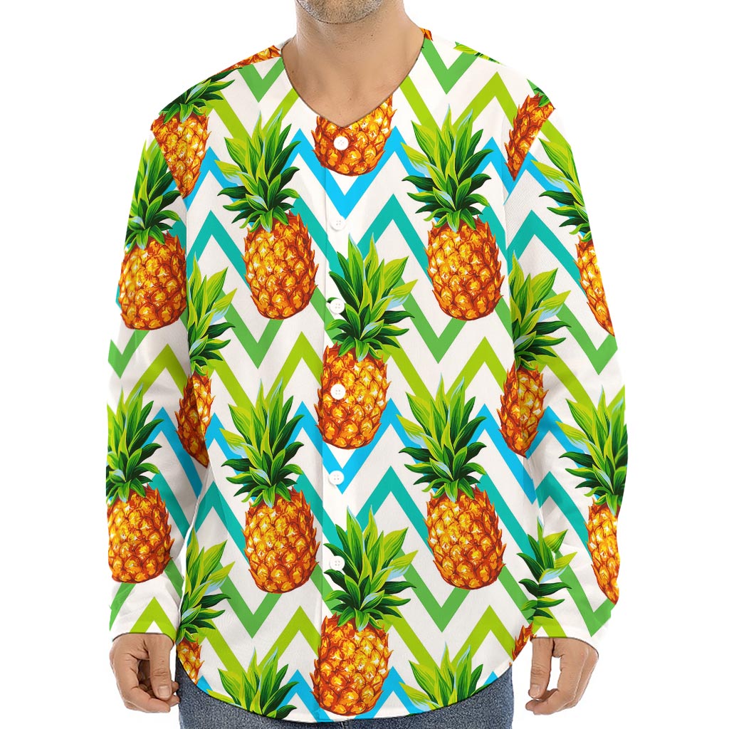 Teal Zig Zag Pineapple Pattern Print Long Sleeve Baseball Jersey