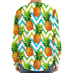 Teal Zig Zag Pineapple Pattern Print Long Sleeve Baseball Jersey