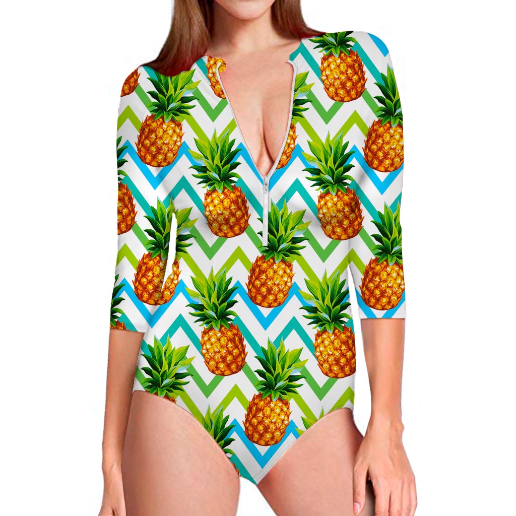 Teal Zig Zag Pineapple Pattern Print Long Sleeve Swimsuit
