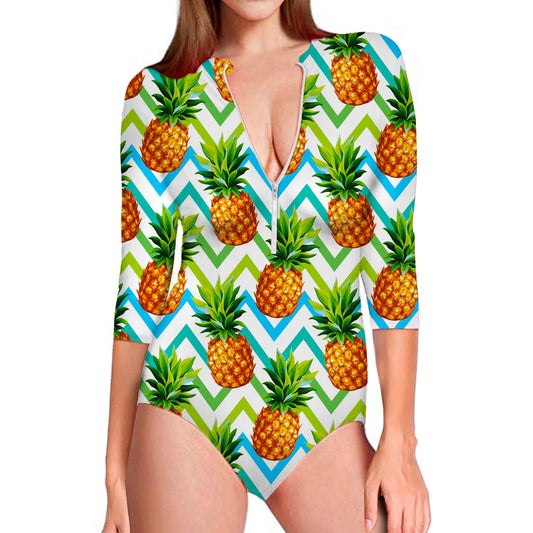 Teal Zig Zag Pineapple Pattern Print Long Sleeve Swimsuit