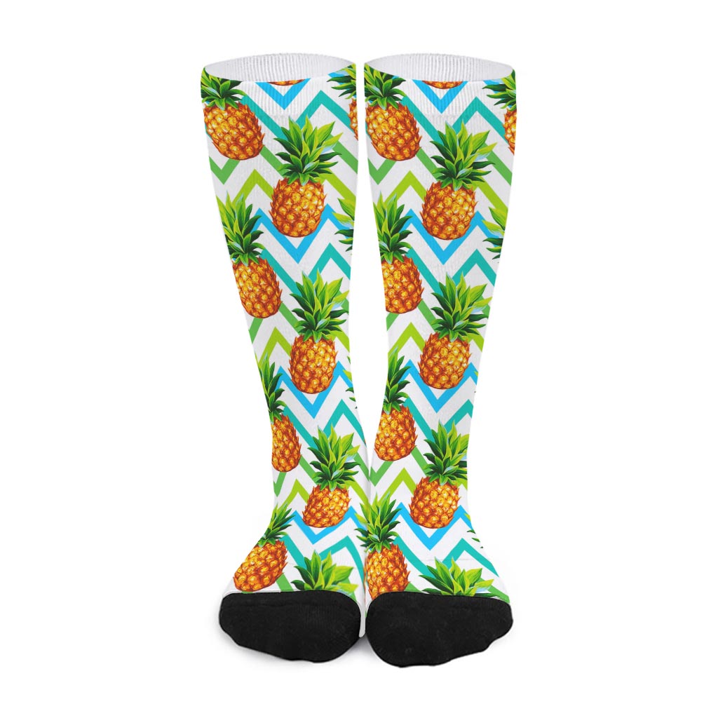 Teal Zig Zag Pineapple Pattern Print Long Socks