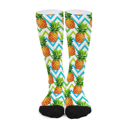 Teal Zig Zag Pineapple Pattern Print Long Socks