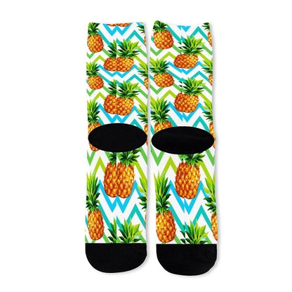 Teal Zig Zag Pineapple Pattern Print Long Socks