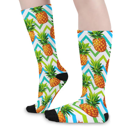 Teal Zig Zag Pineapple Pattern Print Long Socks