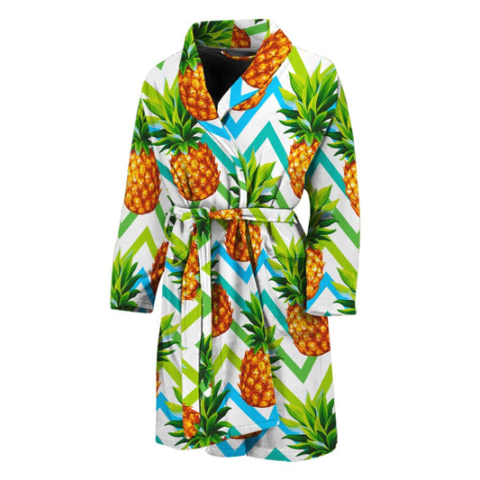 Teal Zig Zag Pineapple Pattern Print Men's Bathrobe