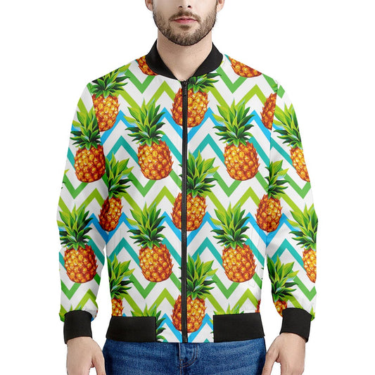 Teal Zig Zag Pineapple Pattern Print Men's Bomber Jacket