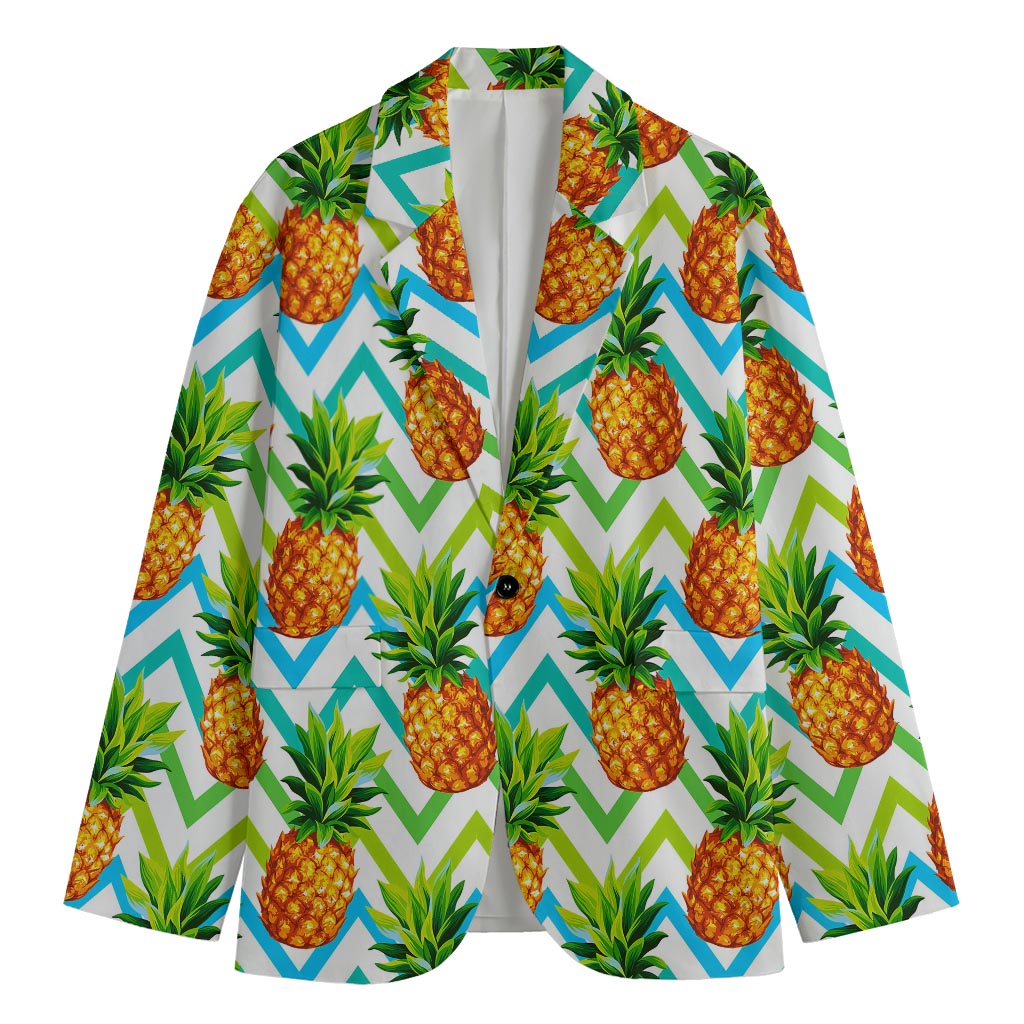 Teal Zig Zag Pineapple Pattern Print Men's Cotton Blazer