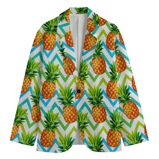 Teal Zig Zag Pineapple Pattern Print Men's Cotton Blazer
