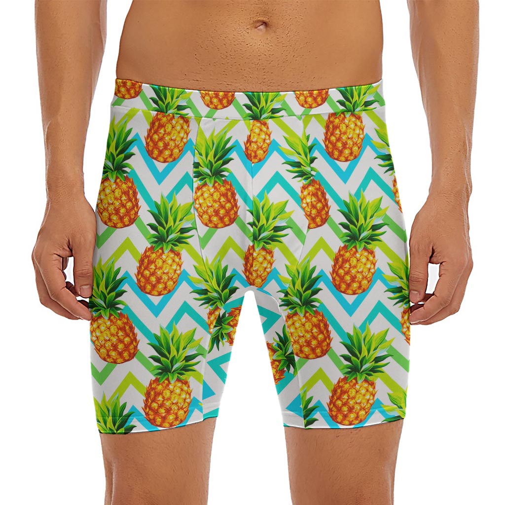 Teal Zig Zag Pineapple Pattern Print Men's Long Boxer Briefs