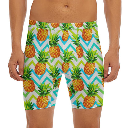 Teal Zig Zag Pineapple Pattern Print Men's Long Boxer Briefs