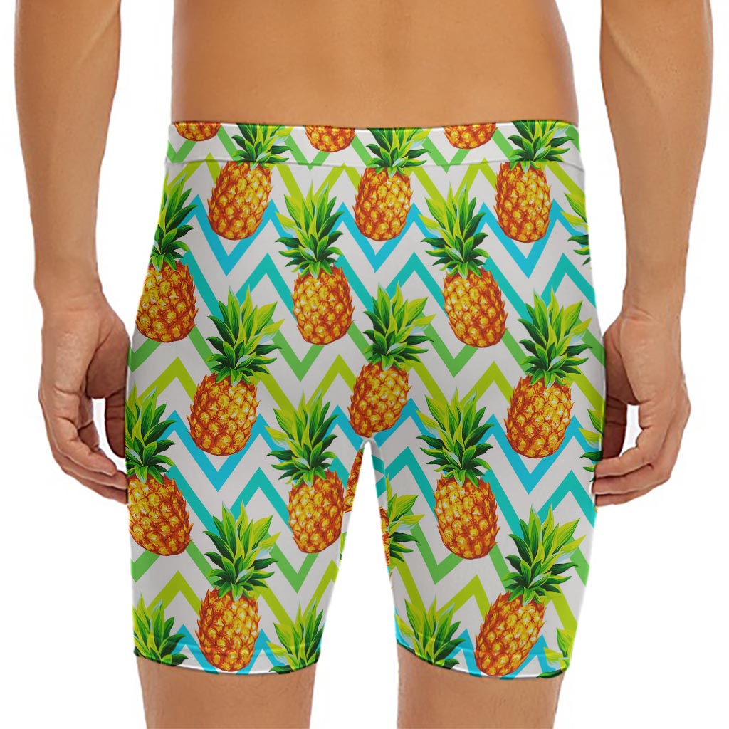 Teal Zig Zag Pineapple Pattern Print Men's Long Boxer Briefs
