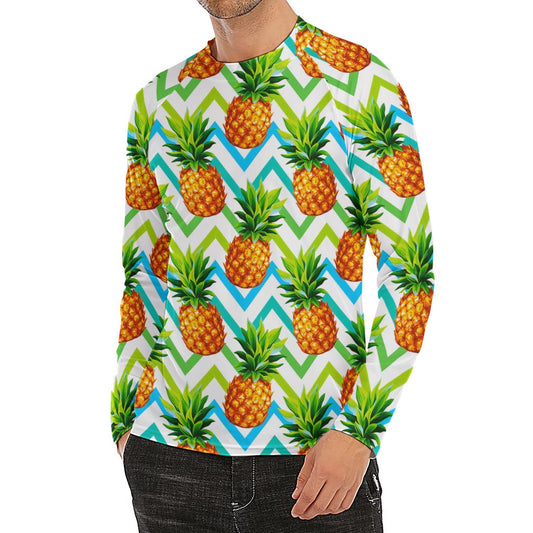 Teal Zig Zag Pineapple Pattern Print Men's Long Sleeve Rash Guard