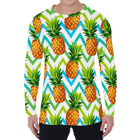 Teal Zig Zag Pineapple Pattern Print Men's Long Sleeve T-Shirt