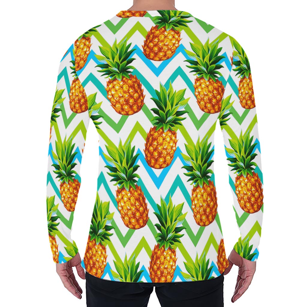 Teal Zig Zag Pineapple Pattern Print Men's Long Sleeve T-Shirt