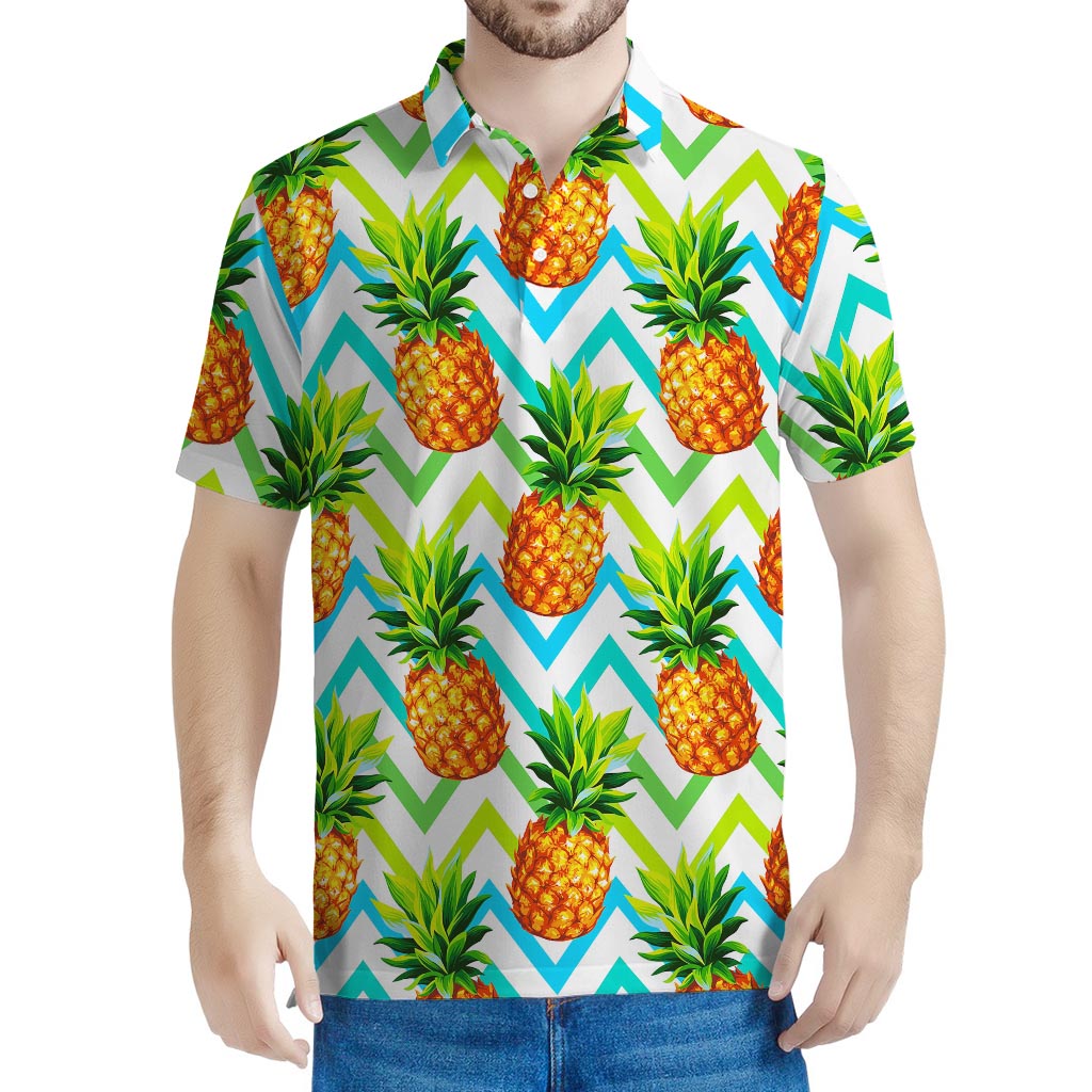 Teal Zig Zag Pineapple Pattern Print Men's Polo Shirt