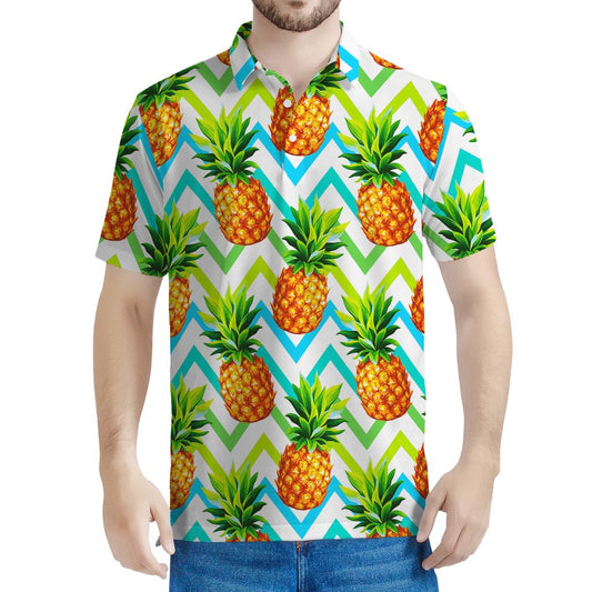 Teal Zig Zag Pineapple Pattern Print Men's Polo Shirt
