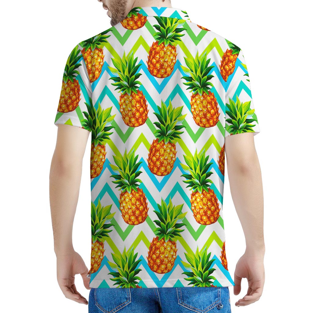 Teal Zig Zag Pineapple Pattern Print Men's Polo Shirt