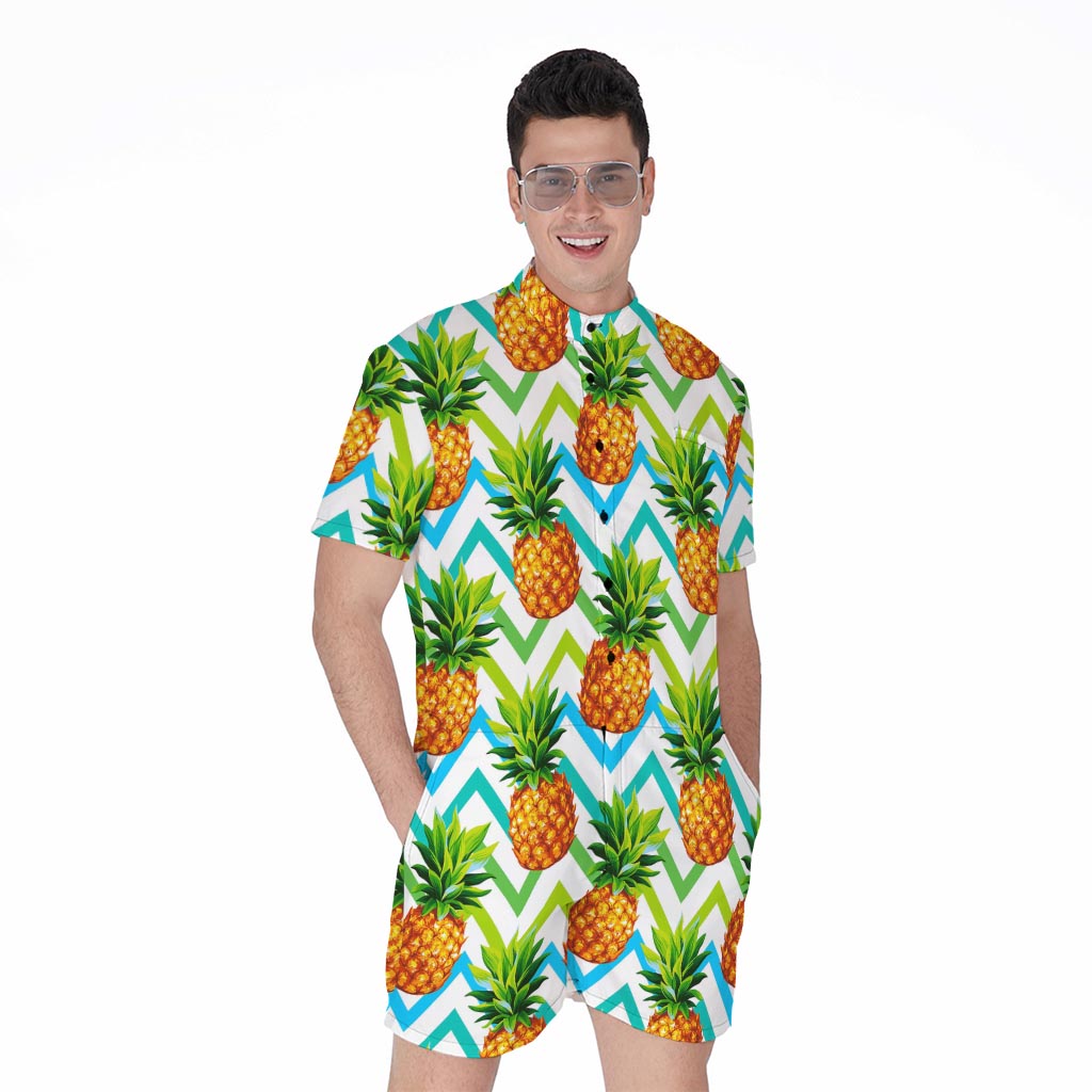 Teal Zig Zag Pineapple Pattern Print Men's Rompers