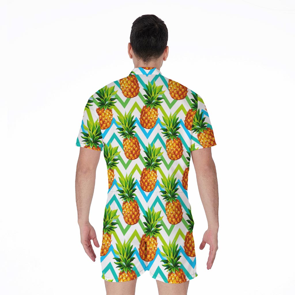 Teal Zig Zag Pineapple Pattern Print Men's Rompers