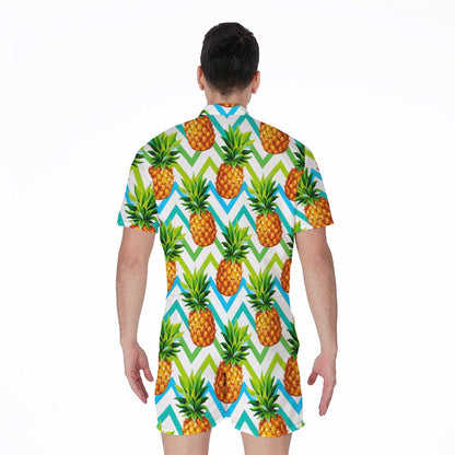 Teal Zig Zag Pineapple Pattern Print Men's Rompers
