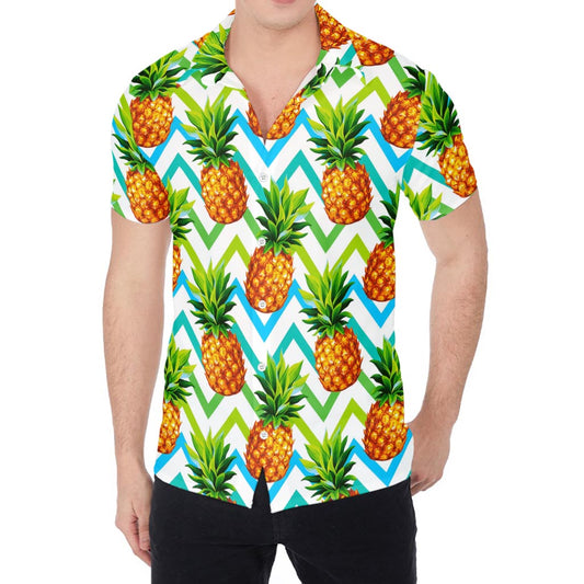Teal Zig Zag Pineapple Pattern Print Men's Shirt