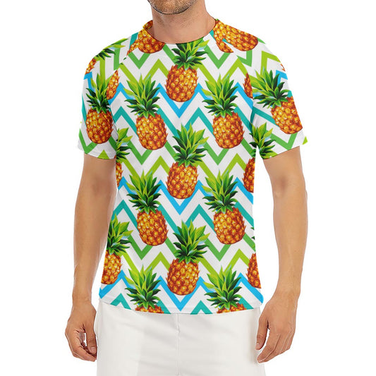 Teal Zig Zag Pineapple Pattern Print Men's Short Sleeve Rash Guard