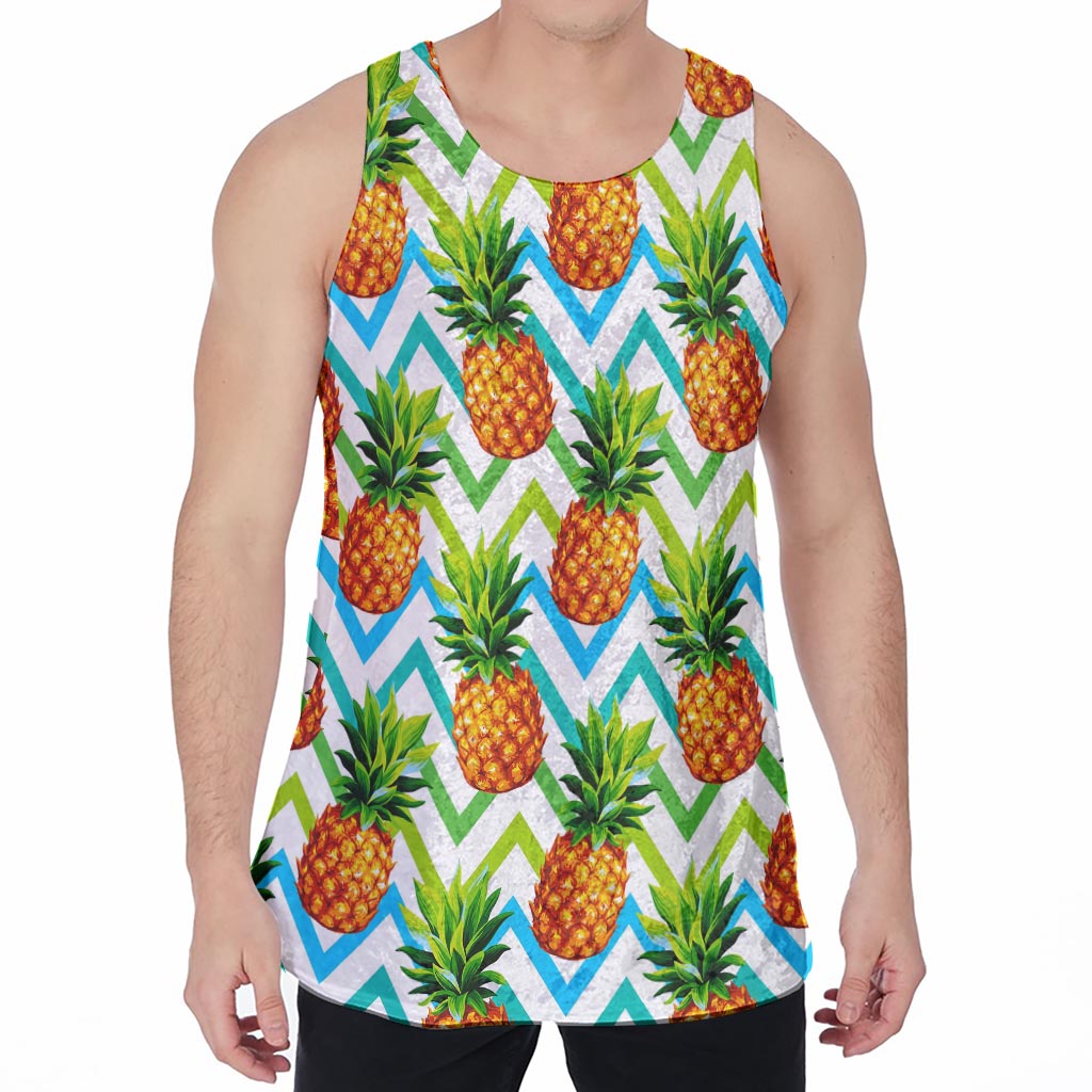 Teal Zig Zag Pineapple Pattern Print Men's Velvet Tank Top
