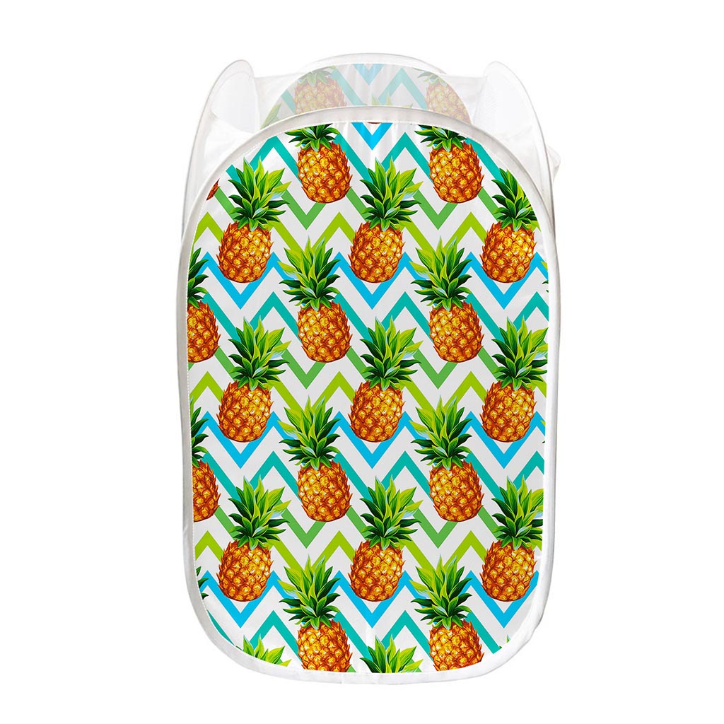Teal Zig Zag Pineapple Pattern Print Mesh Laundry Hamper
