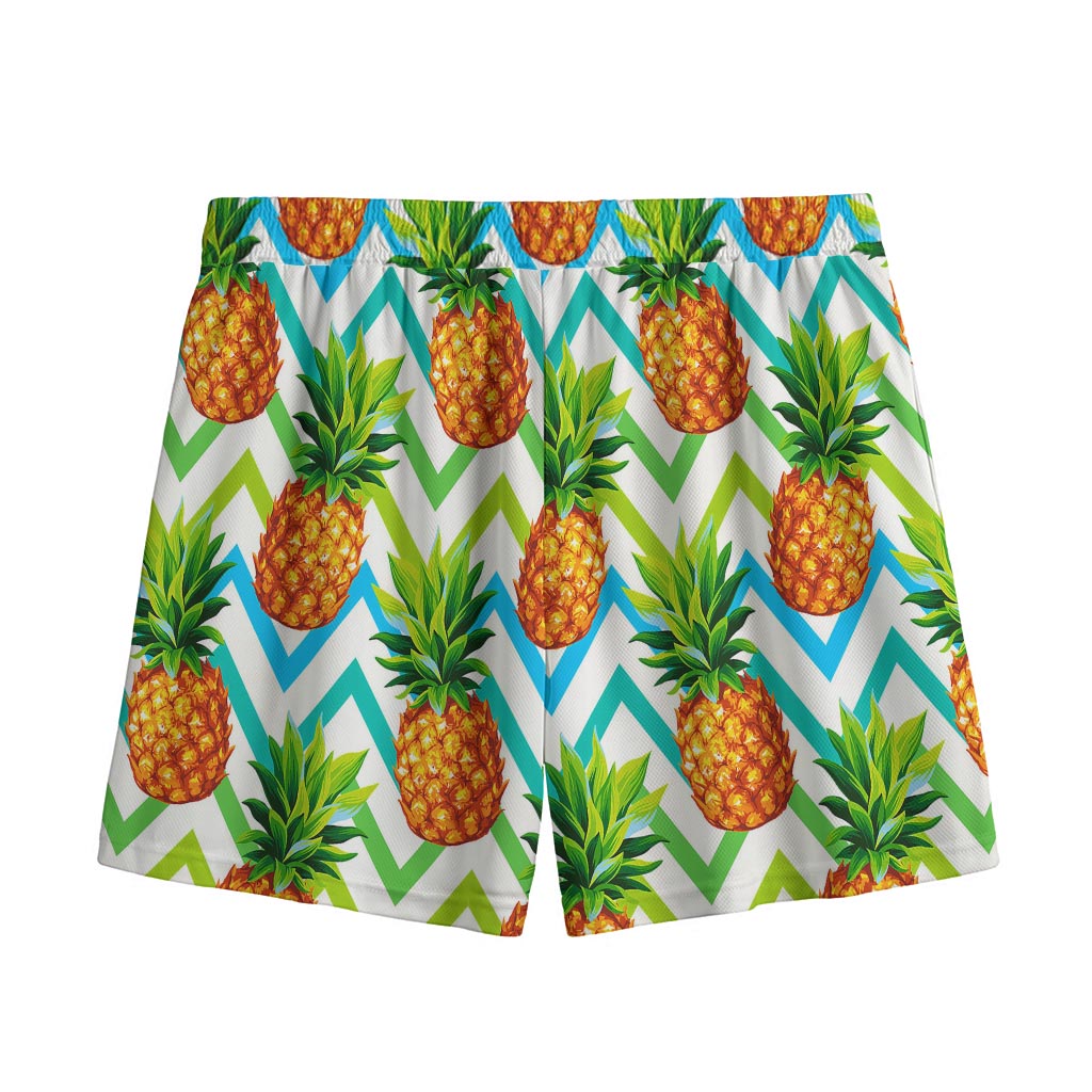 Teal Zig Zag Pineapple Pattern Print Mesh Shorts