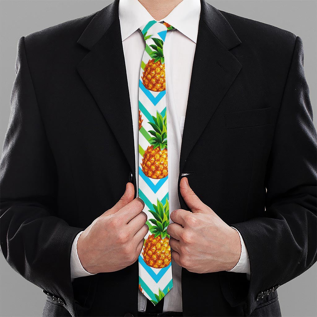Teal Zig Zag Pineapple Pattern Print Necktie