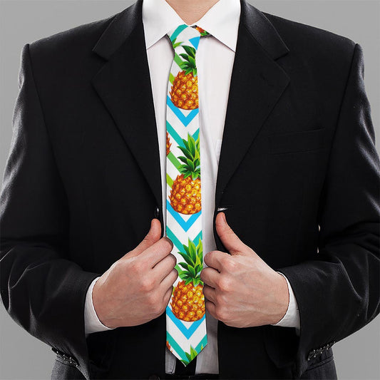 Teal Zig Zag Pineapple Pattern Print Necktie