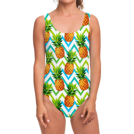 Teal Zig Zag Pineapple Pattern Print One Piece Swimsuit