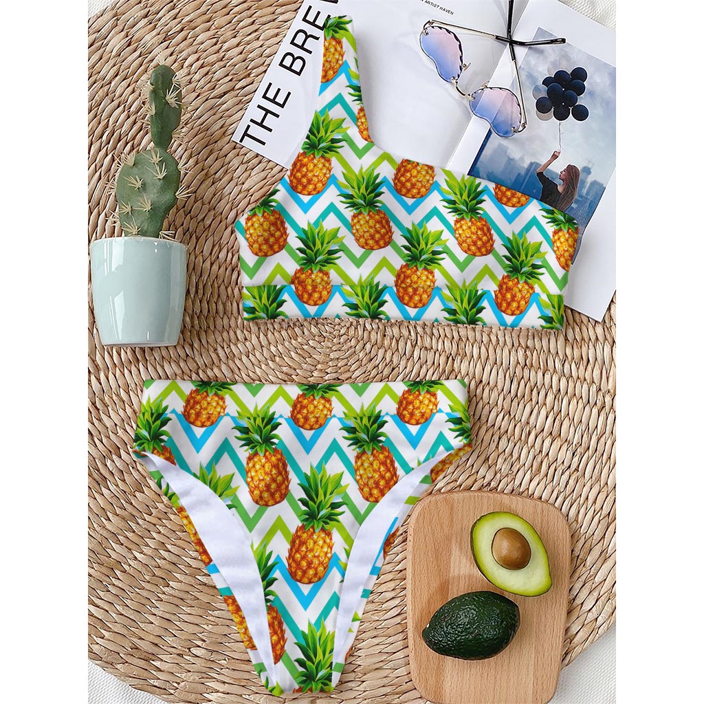 Teal Zig Zag Pineapple Pattern Print One Shoulder Bikini Top