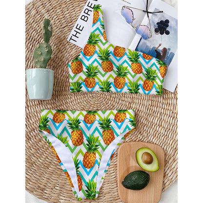 Teal Zig Zag Pineapple Pattern Print One Shoulder Bikini Top
