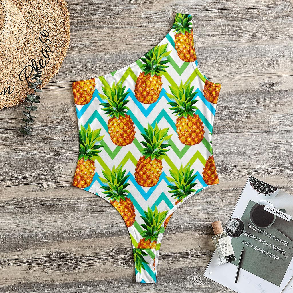 Teal Zig Zag Pineapple Pattern Print One Shoulder Bodysuit