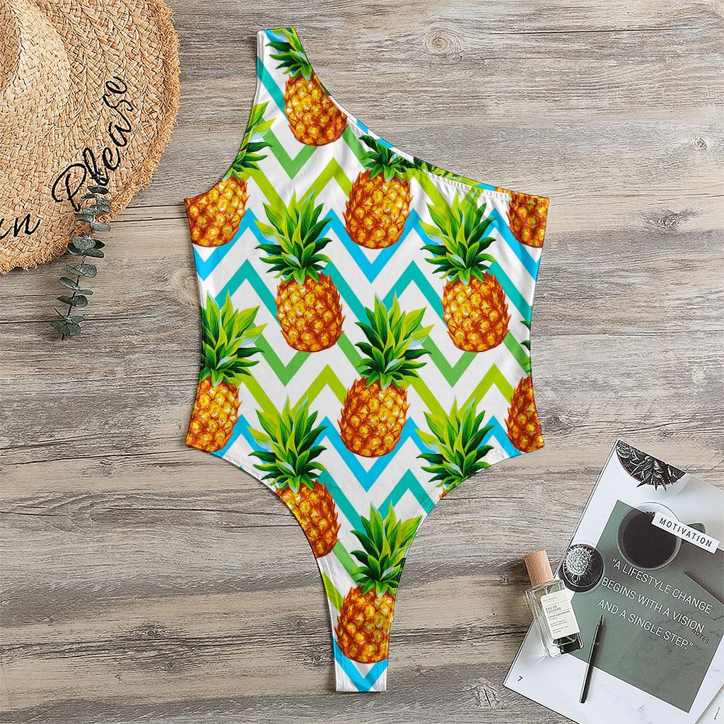 Teal Zig Zag Pineapple Pattern Print One Shoulder Bodysuit