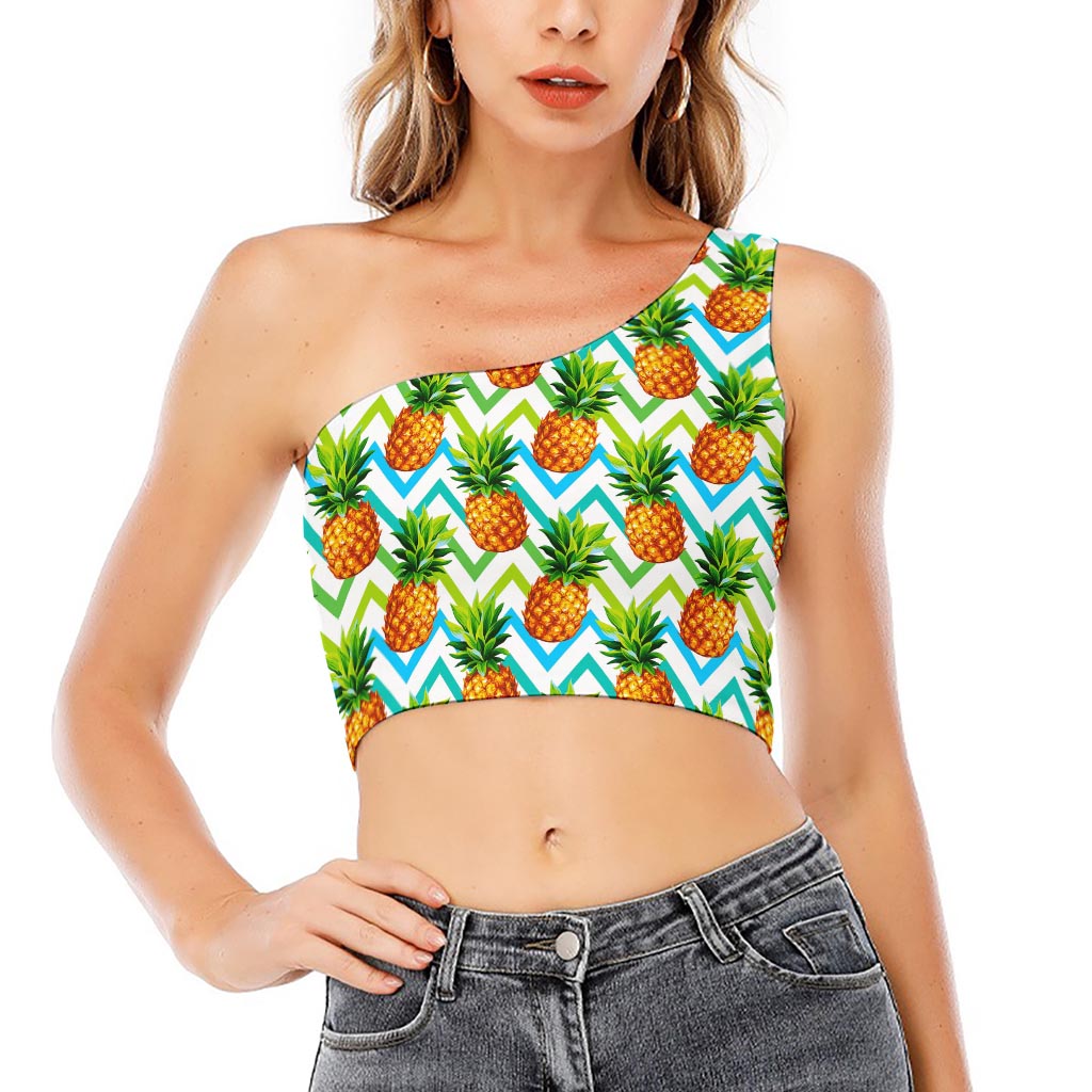 Teal Zig Zag Pineapple Pattern Print One Shoulder Crop Top